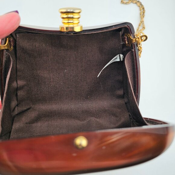 Vintage Brown Marbled Acrylic Box Clutch with Gold Chain Strap - Picture 8 of 16